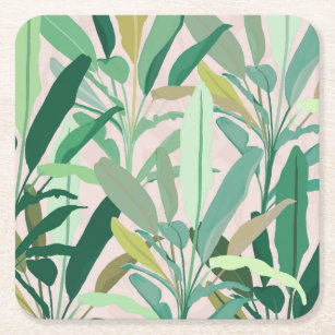 Tropical Green Banana Leaves Pink Pattern Square Paper Coaster
