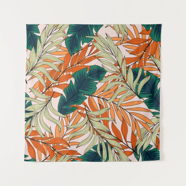 Tropical green beige leaves, seamless pattern. tapestry (Front)