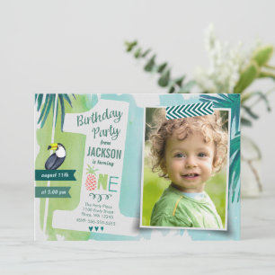 Tropical Green & blue Jungle Watercolour Boy Invitation