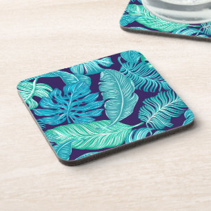 Tropical Green Blue Leaves Pattern Coaster