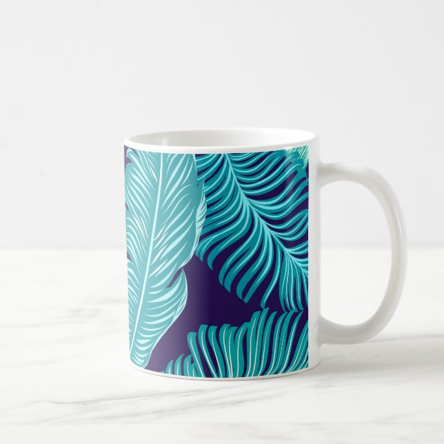 Tropical Green Blue Leaves Pattern Coffee Mug (Right)