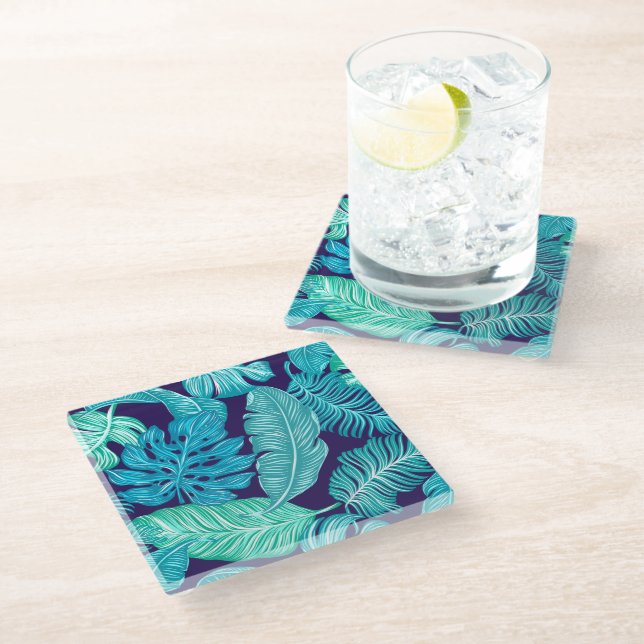Tropical Green Blue Leaves Pattern Glass Coaster (Angled)