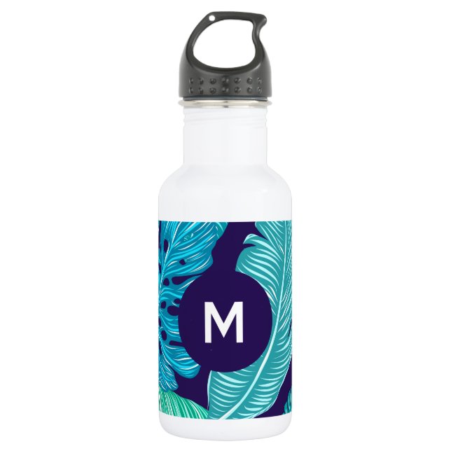 Tropical Green Blue Leaves Pattern Monogram 532 Ml Water Bottle (Front)