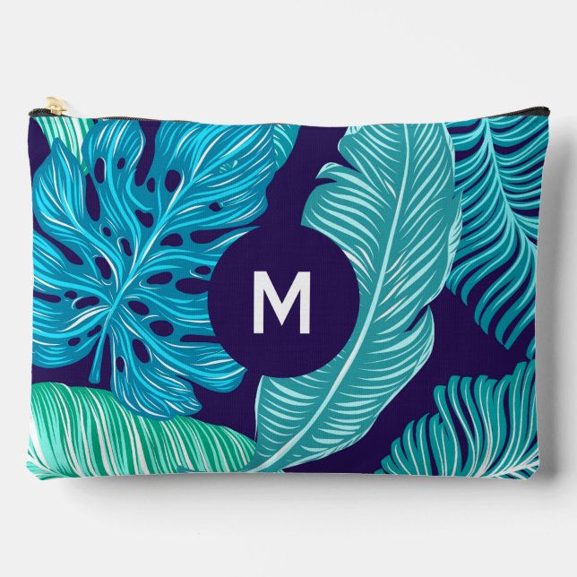 Tropical Green Blue Leaves Pattern Monogram Accessory Pouch (Front)