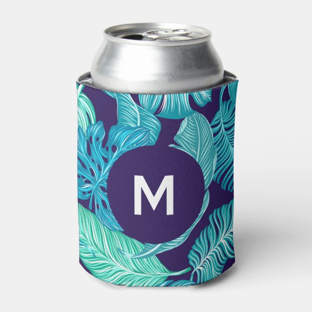 Tropical Green Blue Leaves Pattern Monogram Can Cooler (Can Front)