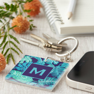 Tropical Green Blue Leaves Pattern Monogram Key Ring