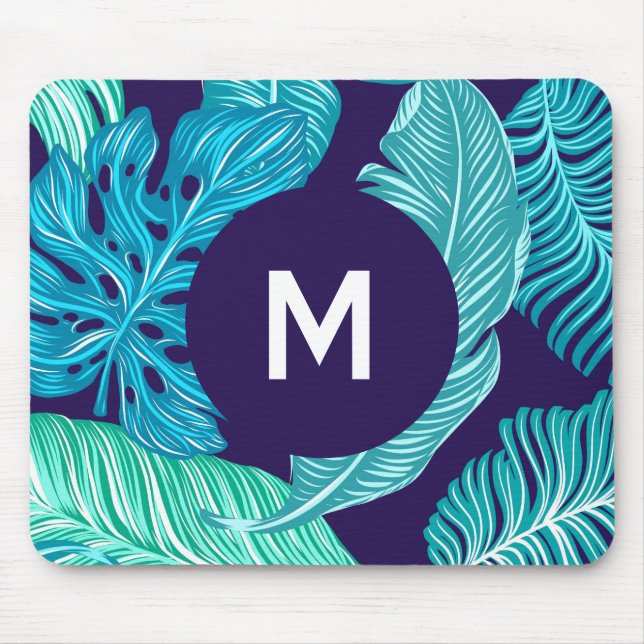 Tropical Green Blue Leaves Pattern Monogram Mouse Pad (Front)