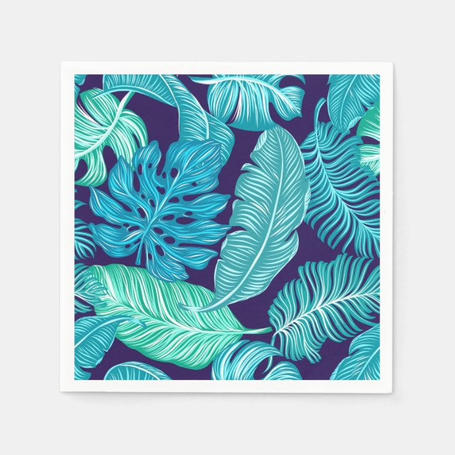 Tropical Green Blue Leaves Pattern Napkin (Front)