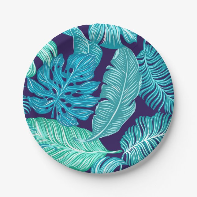 Tropical Green Blue Leaves Pattern Paper Plate (Front)