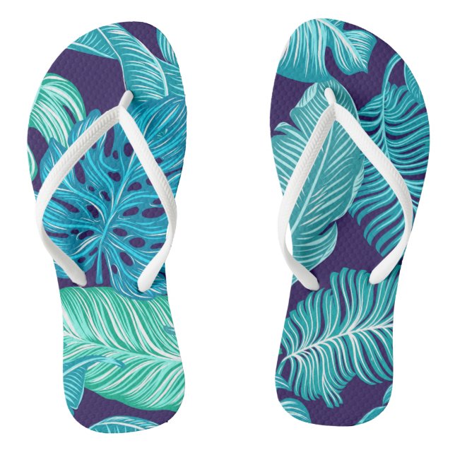 Tropical Green Blue Leaves Pattern Thongs (Footbed)
