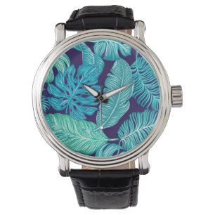 Tropical Green Blue Leaves Pattern Watch
