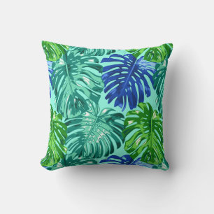 Tropical Green Blue Monstera Palm Leaves Cushion