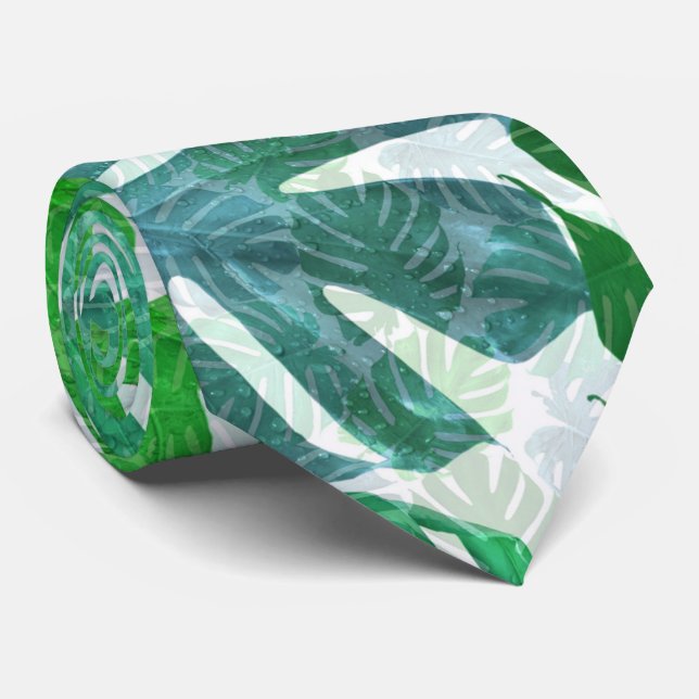 Tropical Green Blue Monstera Palm Leaves Pattern Tie (Rolled)