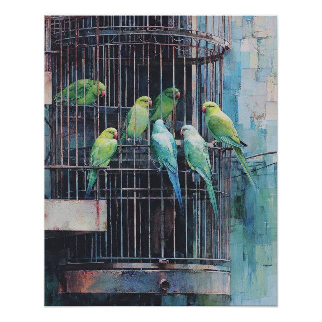 Tropical Green Blue Parrots Rustic Cage Art Poster (Front)