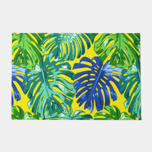 Tropical Green Blue Yellow Jungle Leaves Doormat