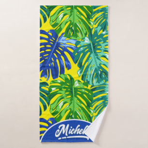 Tropical Green Blue Yellow Monstera Jungle Leaves Bath Towel
