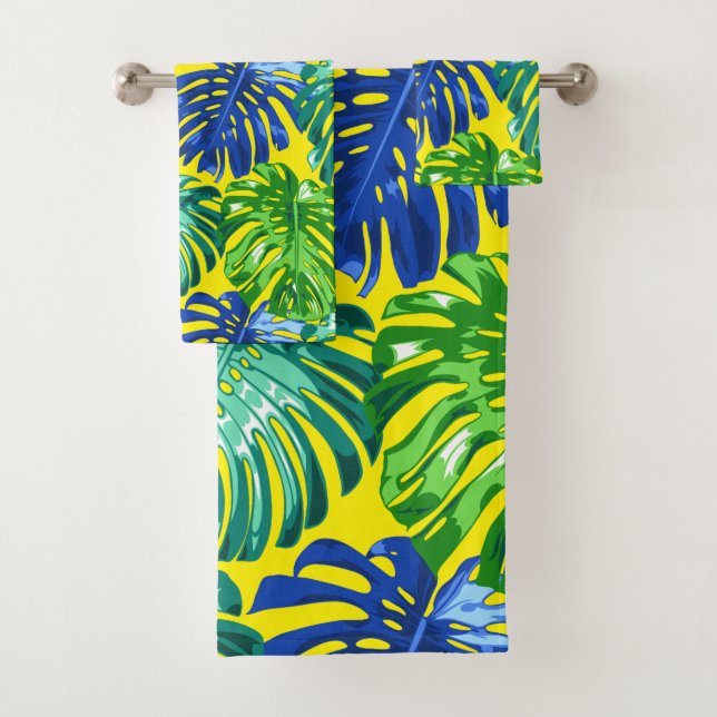 Tropical Green Blue Yellow Monstera Jungle Leaves Bath Towel Set (Insitu)