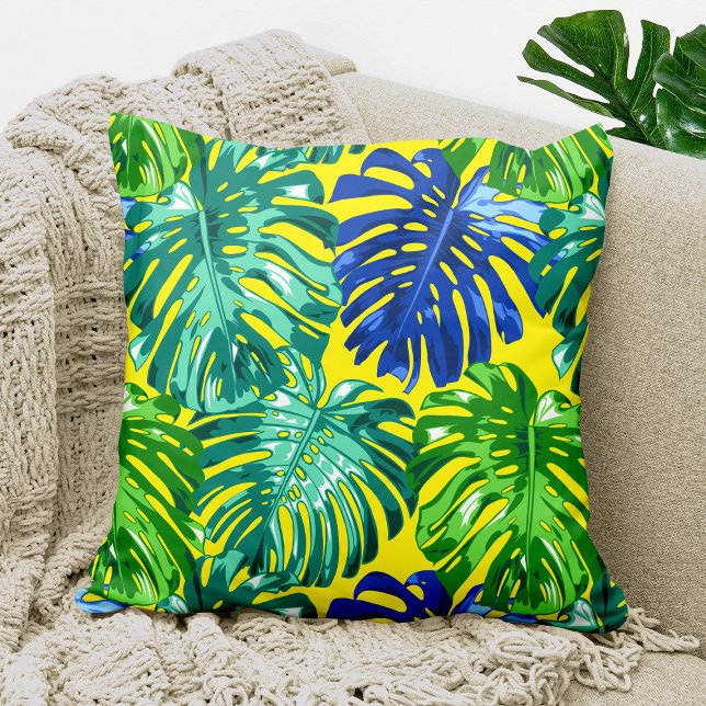 Tropical Green Blue Yellow Monstera Jungle Leaves Cushion (Tropical throw pillow with colorful monstera leaves)