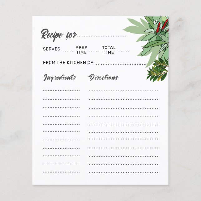 Tropical Green Botanical Bridal Shower Recipe Card (Front)