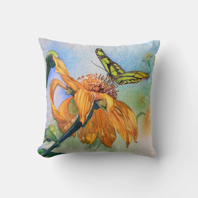 Tropical Green Butterfly Watercolor Pillow (Front)