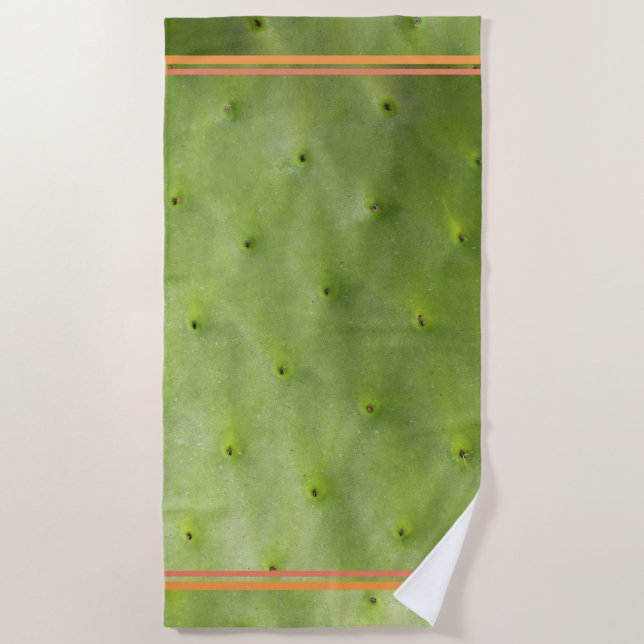 Tropical Green Cactus with Custom Stripes Beach Towel (Front)