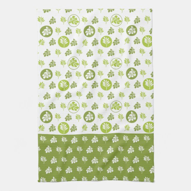 Tropical Green Circle Leaf Pattern Design Tea Towel (Vertical)