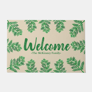 Tropical Green Fern Foliage & Family Name Welcome Doormat