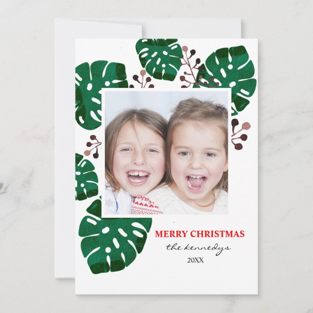 Tropical Green Foliage Christmas Holiday Photo Card (Front)