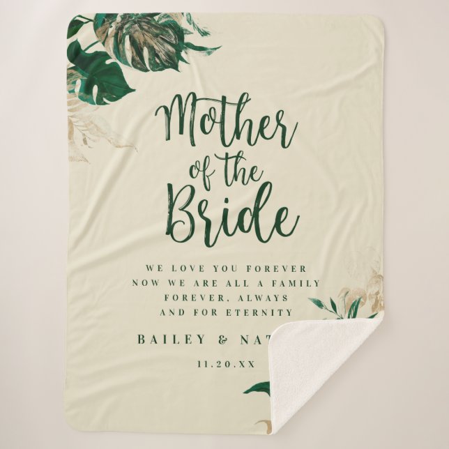 Tropical Green Foliage Mother of the Bride Quote Sherpa Blanket (Front)