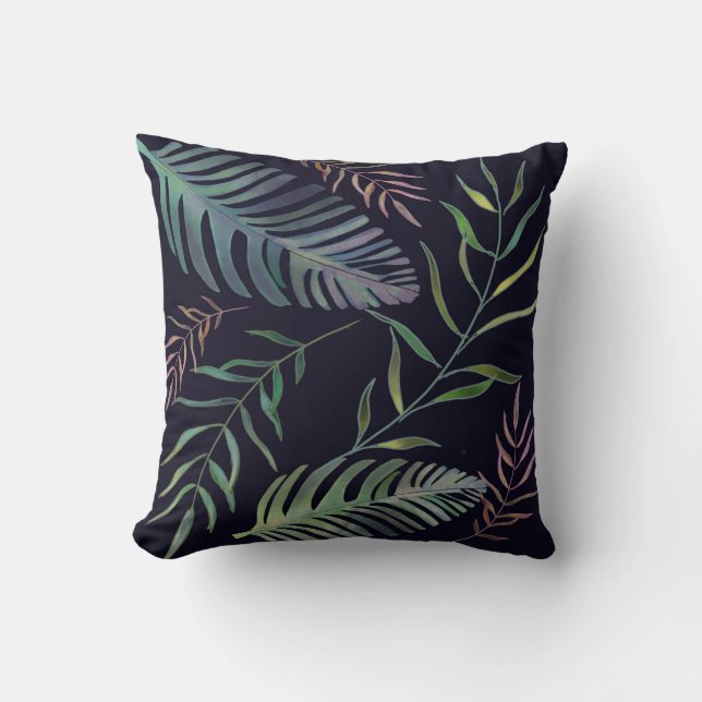 Tropical green foliage palm leaf navy blue cushion (Front)