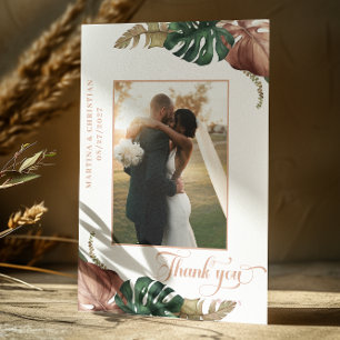 Tropical Green Gold Bronze Leaves Wedding  Thank You Card
