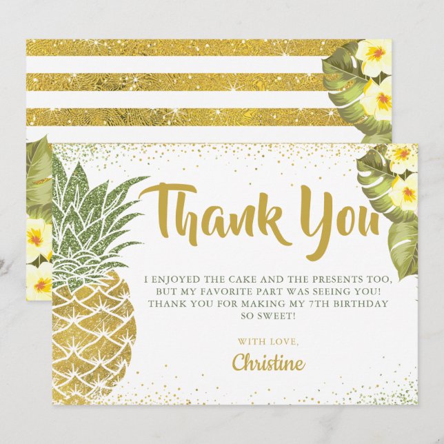 Tropical Green Gold Glitter Pineapple Birthday Thank You Card (Front/Back)