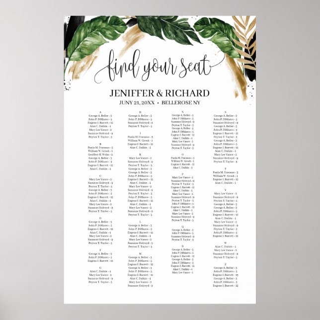 Tropical green gold leaves alphabetical wedding poster (Front)