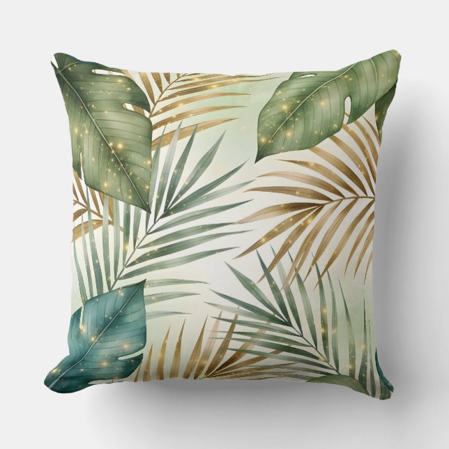 Tropical Green & Gold Leaves Decorative Pillow  (Front)