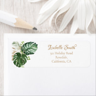 Tropical Green Gold Monstera Leaves Return Address Label