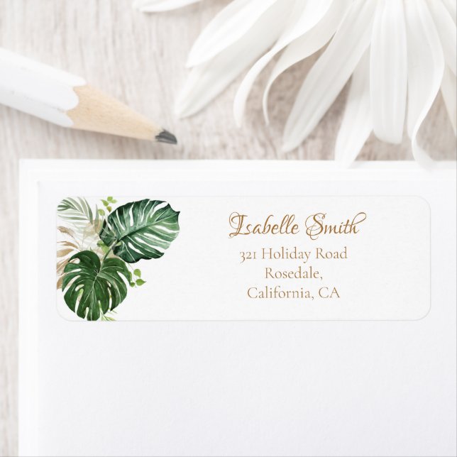 Tropical Green Gold Monstera Leaves Return Address Label (Insitu)