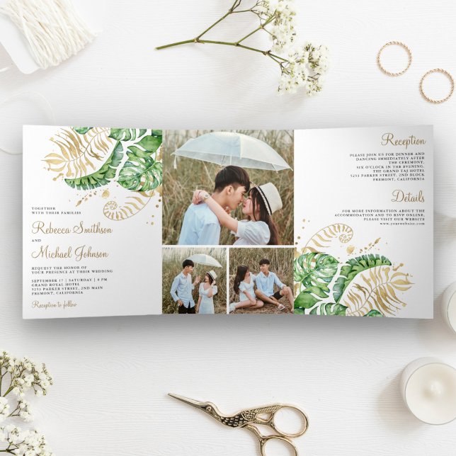 Tropical Green Gold Monstera Palm Leaves Wedding Tri-Fold Invitation (Creator Uploaded)