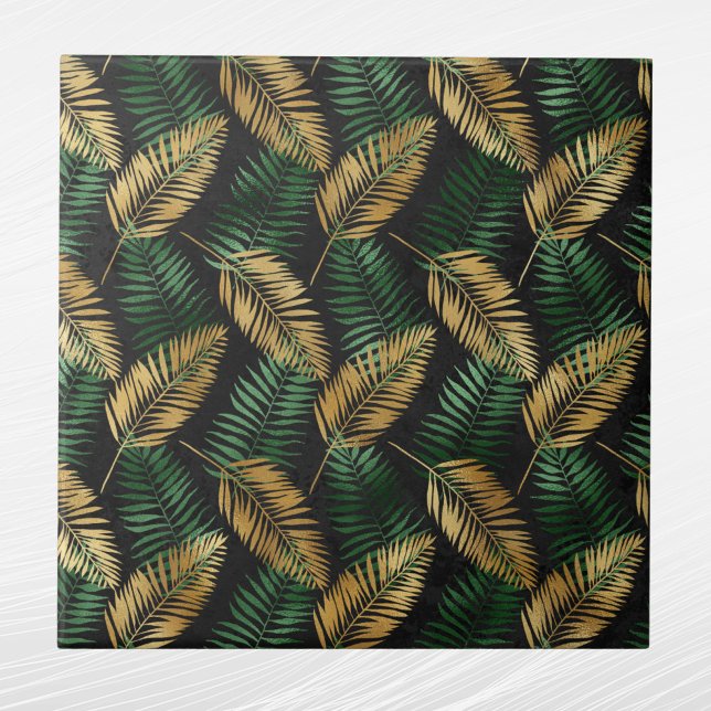 Tropical Green Gold Palm Leaves Glam Ceramic Tile (Creator Uploaded)
