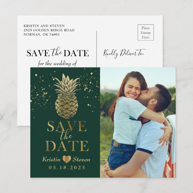 Tropical Green Gold Pineapple Photo Save the Date Postcard (Front/Back)