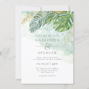 Tropical Green Gold Watercolor Leaves Wedding Invitation