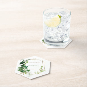 Tropical Green & Gold Watercolor Palm Leaves Paper Coaster