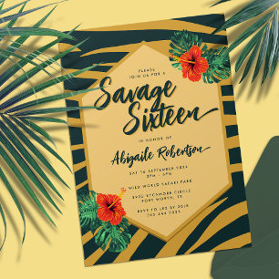 Tropical Green Gold Zebra Floral Sweet Sixteen Invitation