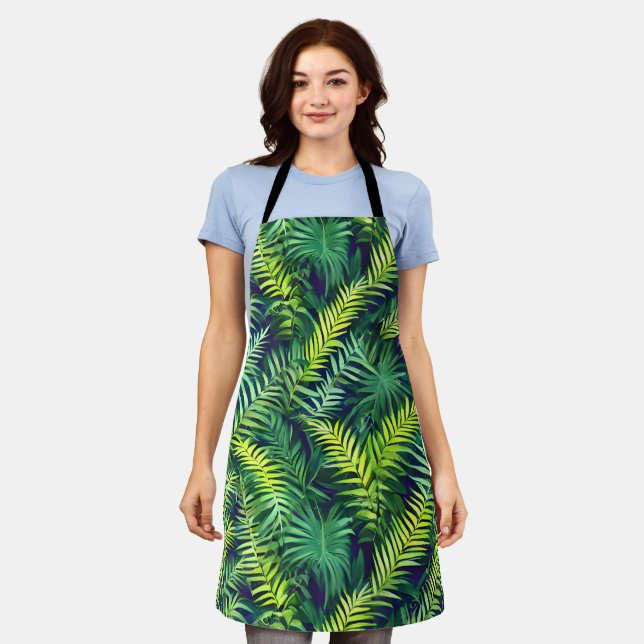 Tropical Green Leaf Fern Pattern Apron (Worn)