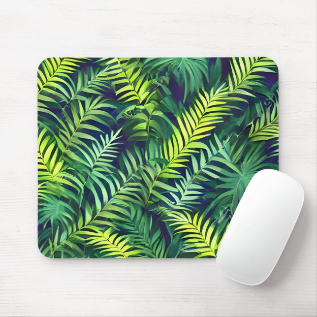 Tropical Green Leaf Fern Pattern Mouse Pad (With Mouse)