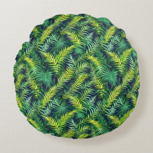 Tropical Green Leaf Fern Pattern Round Cushion
