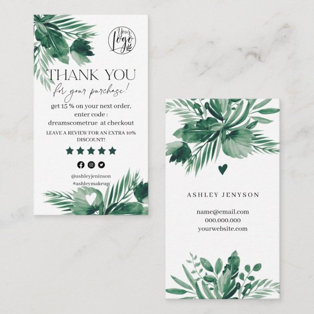 Tropical green leaf review order thank you business card (Front/Back)