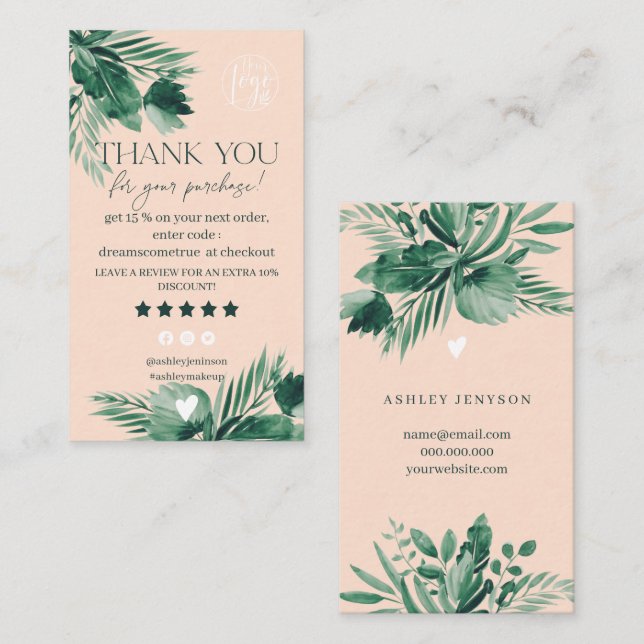 Tropical green leaf review order thank you business card (Front/Back)
