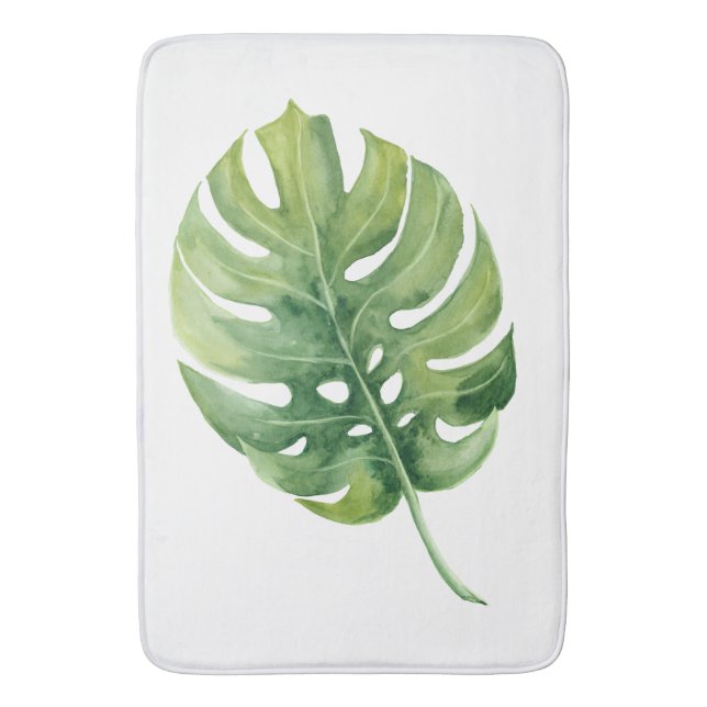 Tropical Green  Leaf Watercolor Bath Mat (Front Vertical)