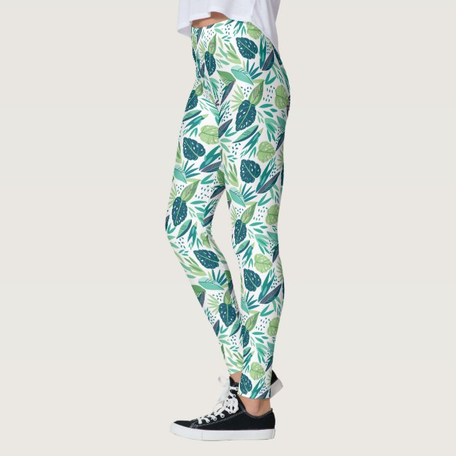 Tropical Green Leafs Pattern Leggings (Left)