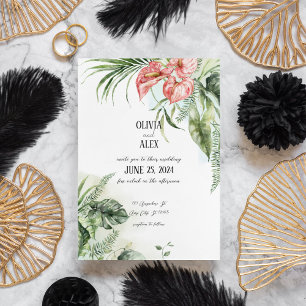 Tropical green leaves and anthurium pink flowers invitation
